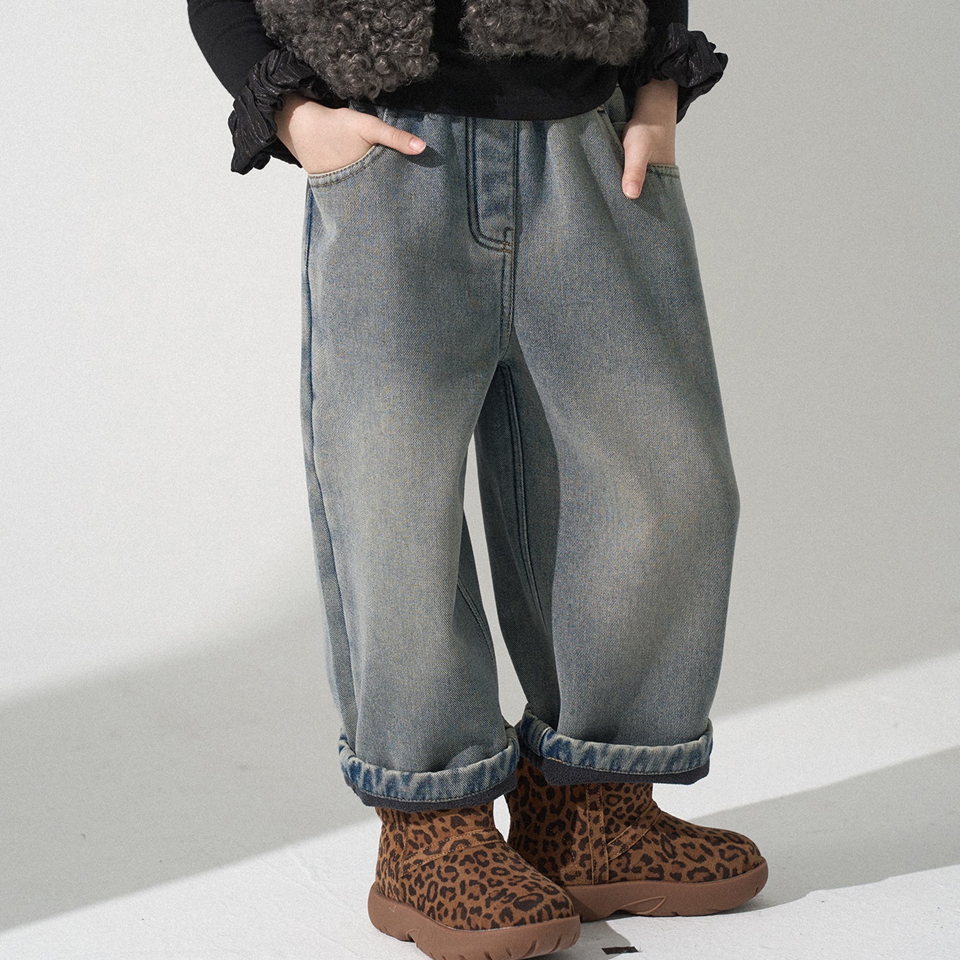 韩版女童直筒加绒牛仔裤冬