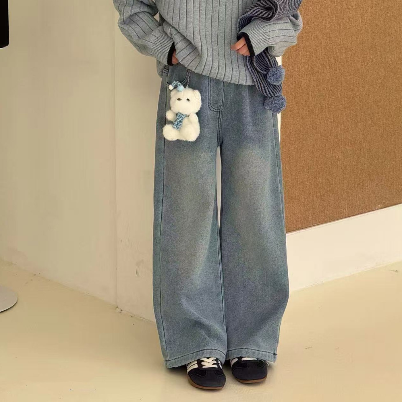 女童直筒加绒牛仔裤冬男童