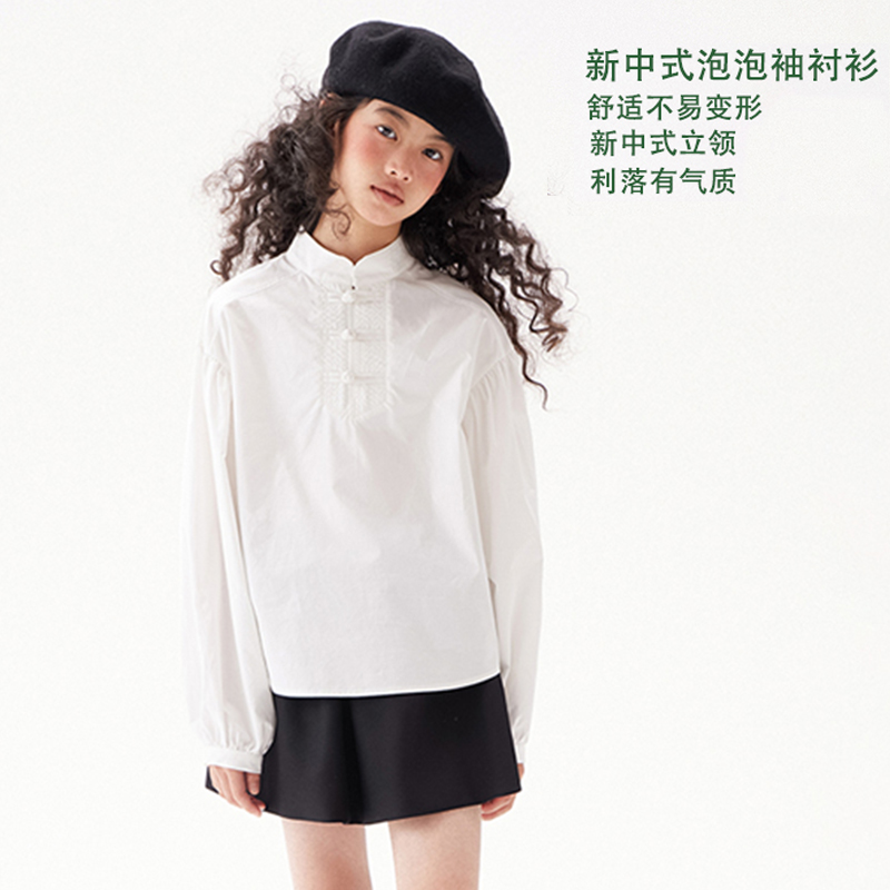 女童春秋新款中式泡泡袖纯棉衬衫