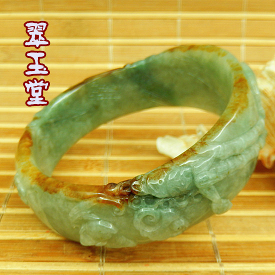 60mm玉原石A货冰糯老种厚桩竹报平安雕花手镯 翡翠双彩色大号明料