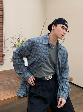 ACB爱穿帮蓝色格子衬衫男2024春秋款高级感休闲衬衣百搭宽松外套