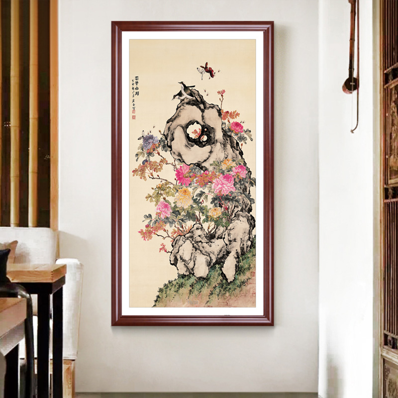 荷花富贵现代中式装饰画入户玄关墙面壁画走廊过道背景墙挂画竖版图片