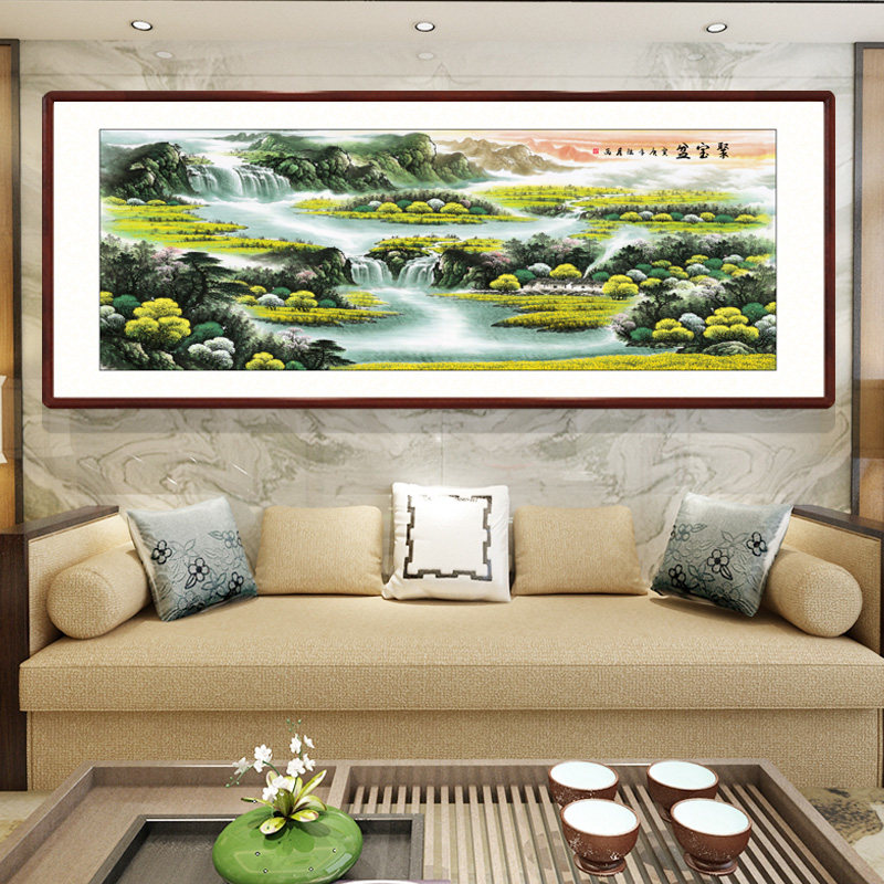 老板办公室挂画沙发背景墙客厅装饰画聚宝盆山水画国画招财 靠山