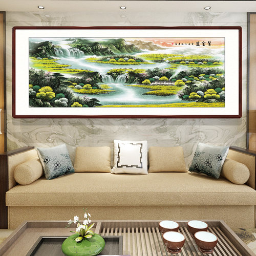 老板办公室挂画沙发背景墙客厅装饰画聚宝盆山水画国画招财 靠山