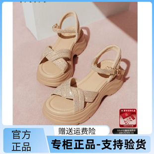 国内专柜正品2025夏款他她女鞋羊皮厚底一字带休闲时尚凉鞋CXT01