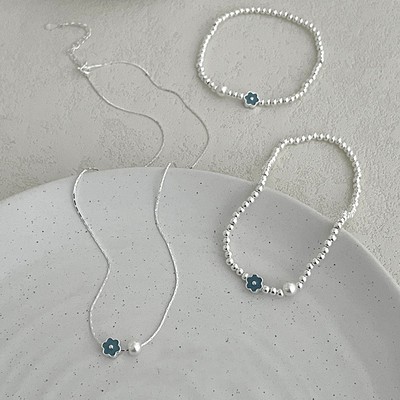 小蓝花纯银项链手链脚链组合