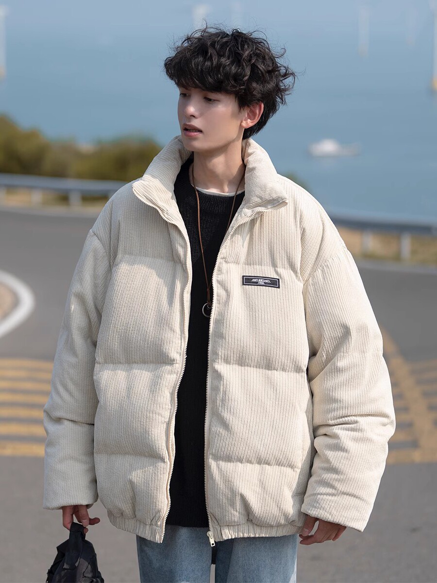 라벨이 붙은 코듀로이 다운 재킷 남성 겨울 느슨한 일본 CITYBOY 두꺼운 빵 재킷 복고풍 스탠드 칼라 재킷