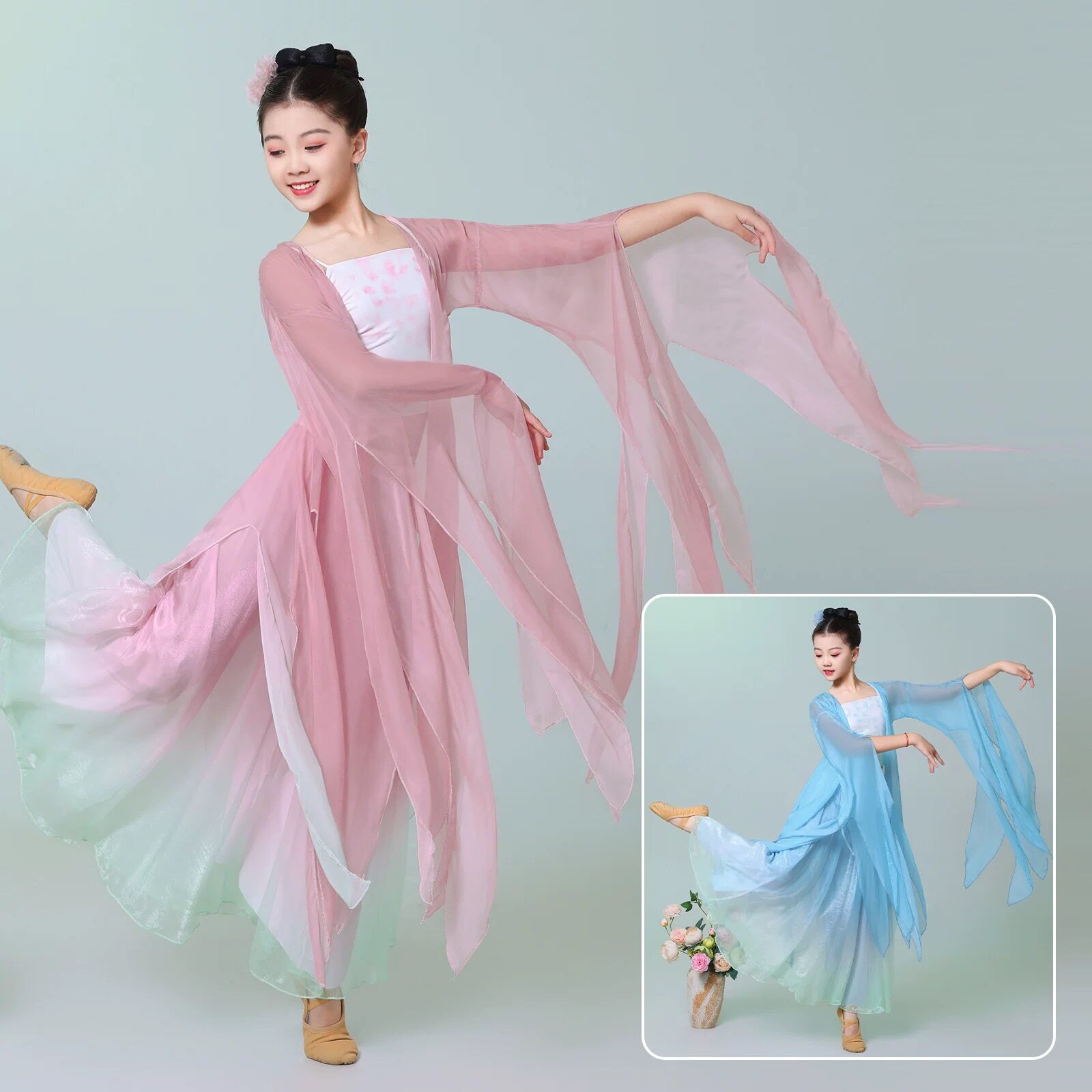 儿童古典舞蹈服女童大袖衫古风仙气飘逸纱衣练功大摆裙演出服套装