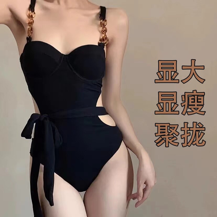 黑色高级感时尚连体2024新款泳衣女小胸钢托聚拢遮肚保守连体泳衣