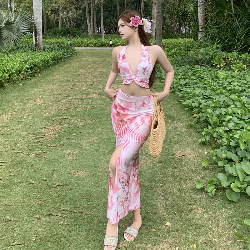 小岛性感比基尼分体泳衣女显瘦开衩包臀长裙海边度假巴厘岛纯欲风