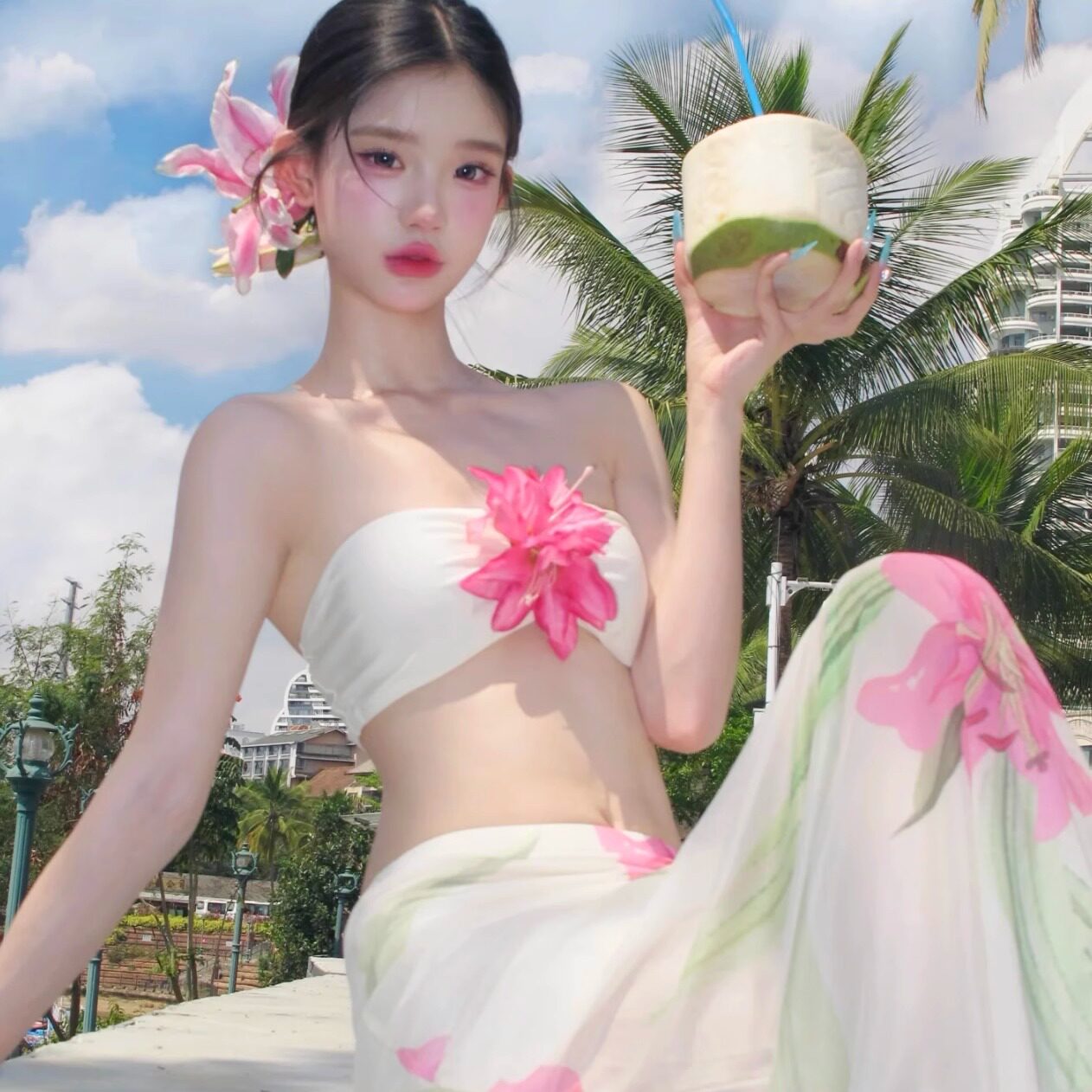 小岛泰国夏季多巴胺泳衣纯欲花朵性感抹胸上衣印花半身裙度假套装