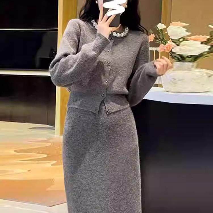 韩系套装女2024秋冬新款高级感漂亮气质名媛针织毛衣半身裙两件套