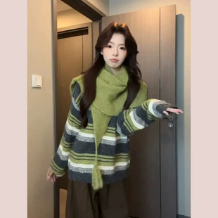 配披肩复古绿色条纹套头针织衫毛衣女可外穿内搭设计感上衣小个子