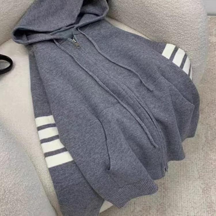秋冬新款慵懒风连帽拉链针织开衫