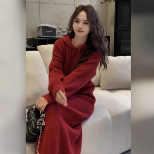 亮丝圣诞新年红色连帽长款打底衫毛衣裙秋冬女加厚宽松针织连衣裙