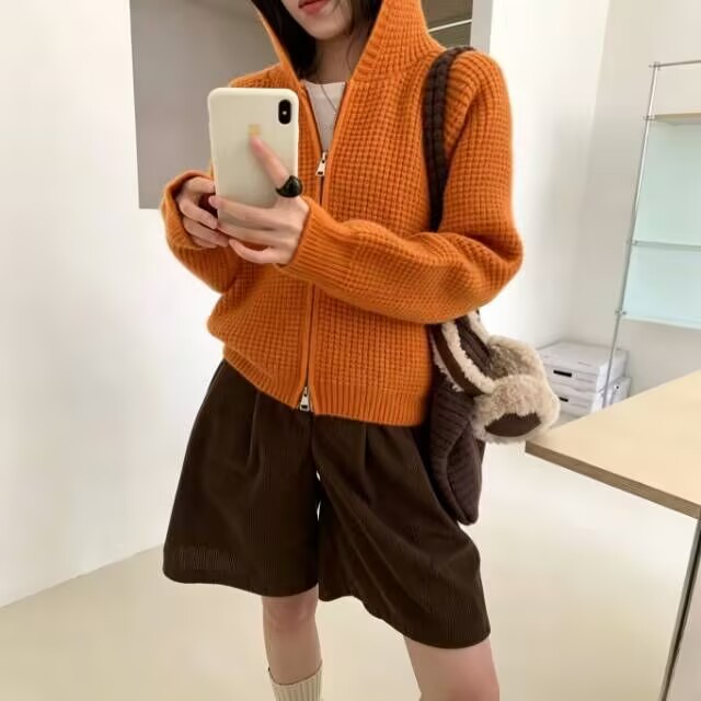韩系慵懒风华夫格连帽拉链针织毛衣开衫女装秋季新款宽松外套上衣