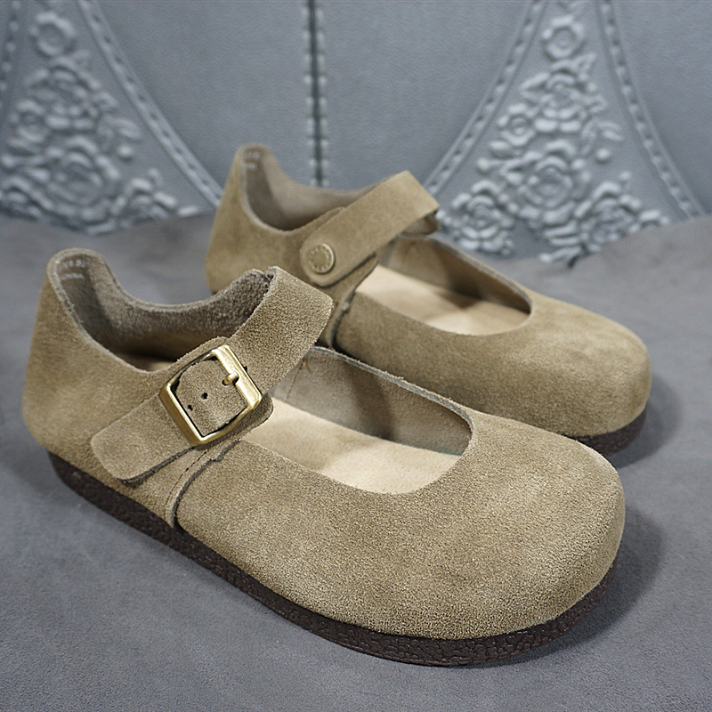 真皮女单鞋  春季浅口玛丽珍女鞋 新款新款平跟圆头单鞋扣带596-8