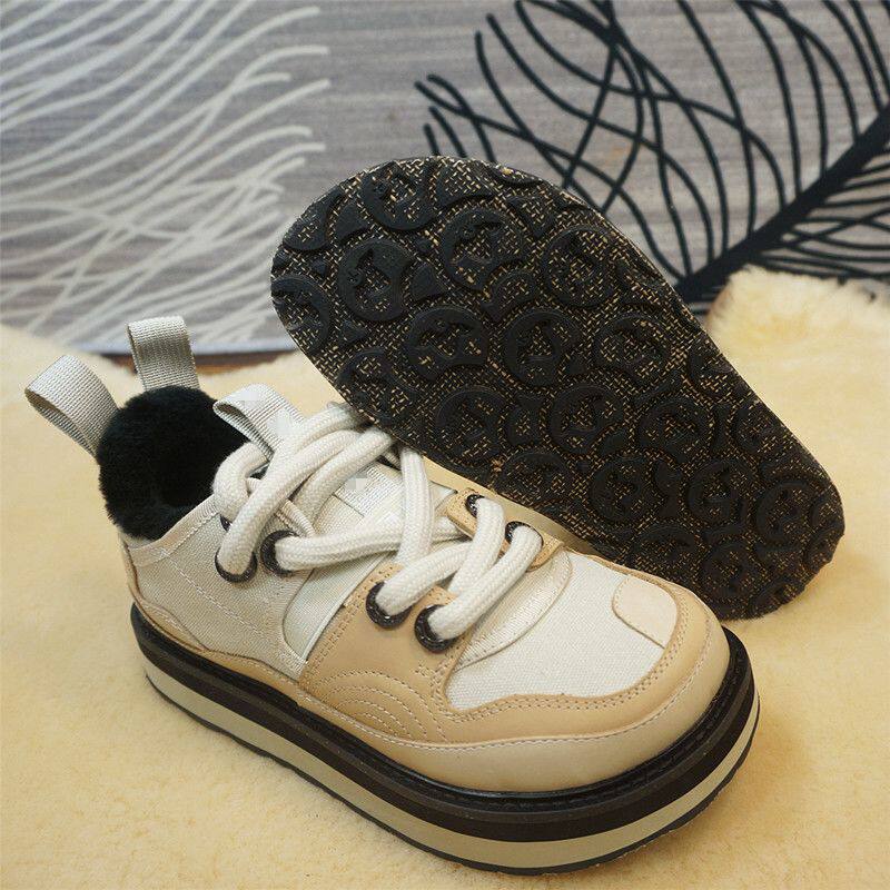 95-2时尚休闲鞋秋冬帆布+皮拼接羊毛女士厚底松糕底丑萌鞋保暖
