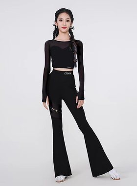 歌瑞亚拉丁舞服新款女网纱上衣喇叭裤子儿童拉丁表演出练功服套装