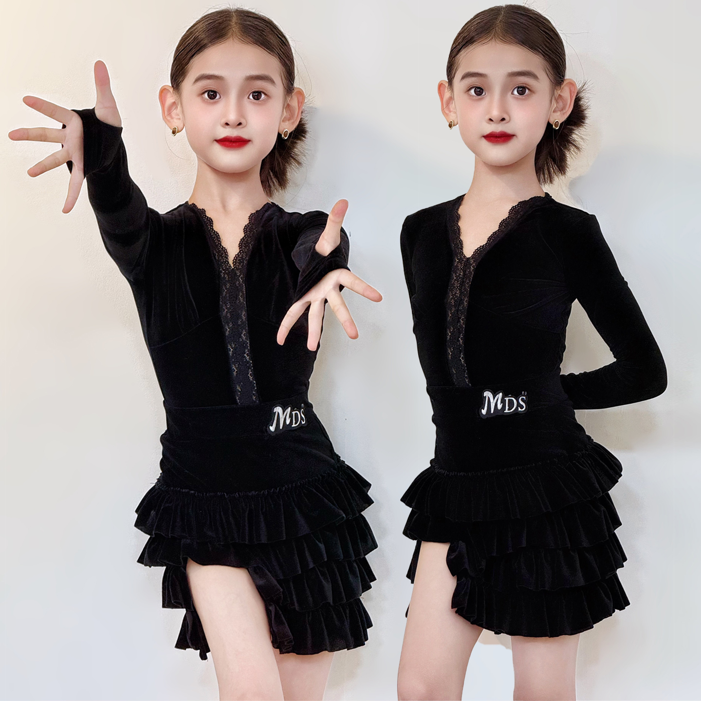 新款拉丁舞服女童春秋冬长袖高级感演出练功服套装少儿专业舞蹈裙