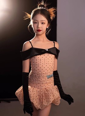 薇妮新款女童拉丁舞蹈服少儿吊带波点舞裙训练功服套装表演出夏季