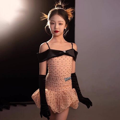 薇妮新款女童拉丁舞蹈服少儿吊带波点舞裙训练功服套装表演出夏季