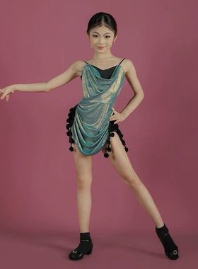 2025新款少儿拉丁舞服夏季女童练功服吊带连衣裙渐变色舞蹈表演服
