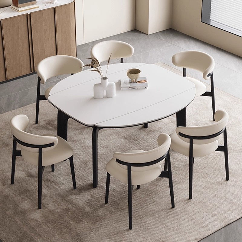 实木伸缩岩板餐桌圆形轻奢现代