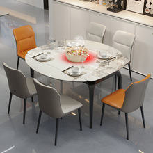 岩板抽拉伸缩式家用可折叠带电磁炉一体款多功能小户型餐桌椅组合