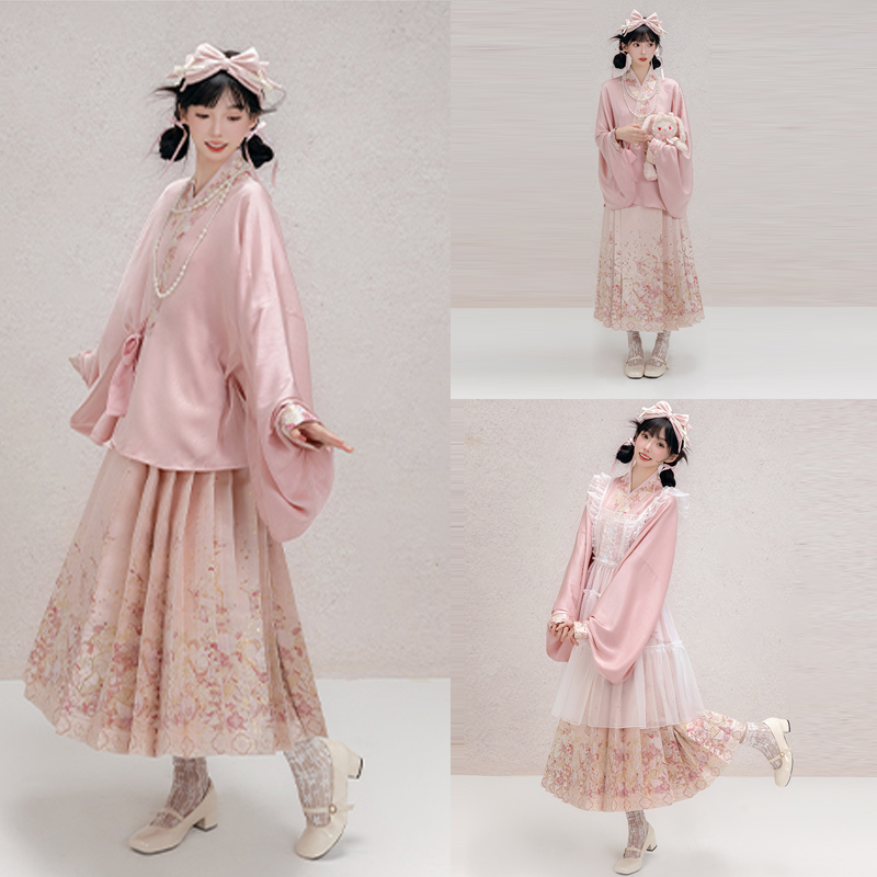 三生都【梦境猫】原创粉色汉洋折衷短款八分马面裙明制日常汉服女