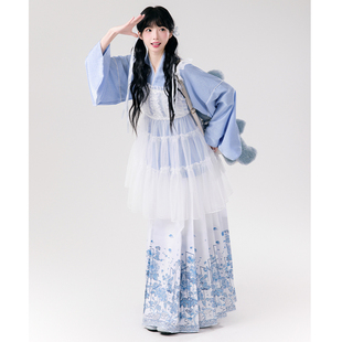 三生都【青花瓷】原创马面裙妆花琵琶袖蓝色汉洋折衷汉服中式国风