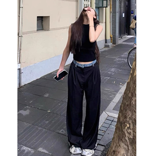 走路带风~!an牛仔腰拼接笔挺感直筒阔腿休闲西装裤