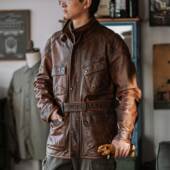 夹克多口袋头层牛皮翻领中长款 靛海 英伦复古真皮M65猎装 皮衣外套