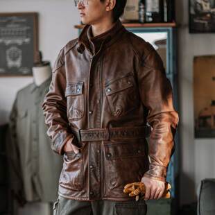 皮衣外套 夹克多口袋头层牛皮翻领中长款 靛海 英伦复古真皮M65猎装