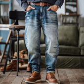 男日系宽松破洞磨白猫须直筒长裤 靛海美式 复古刮破水洗做旧牛仔裤