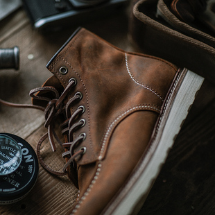 复古阿美咔叽工装 1907头层牛皮马丁靴男美式 疯马875高帮工装 靴 鞋