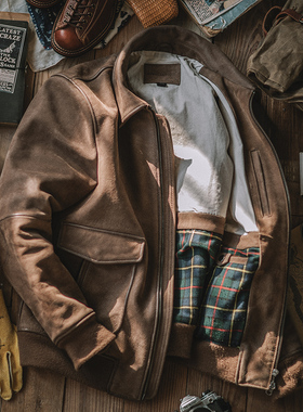 靛海美式复古真皮夹克头层牛皮阿美咔叽A2飞行外套机车秋冬上衣男