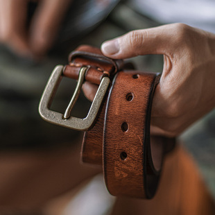 裤 工装 带 休闲皮带男士 靛海阿美咔叽复古头层牛皮腰带黄铜针扣美式