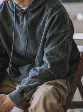 靛海美式复古重磅蜡染水洗卫衣宽松做旧连帽帽衫灰色套头外套男春