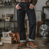 直筒宽松原牛色长裤 美式 男 阿美咔叽丹宁复古赤耳脱浆牛仔裤 靛海