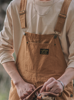 靛海 美式复古卡其p44连体工装裤背带裤宽松咔叽吊带裤长裤子男秋