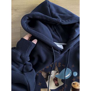 藏青色连帽卫衣女早春秋季2024新款爆款加绒加厚高级感超好看外套