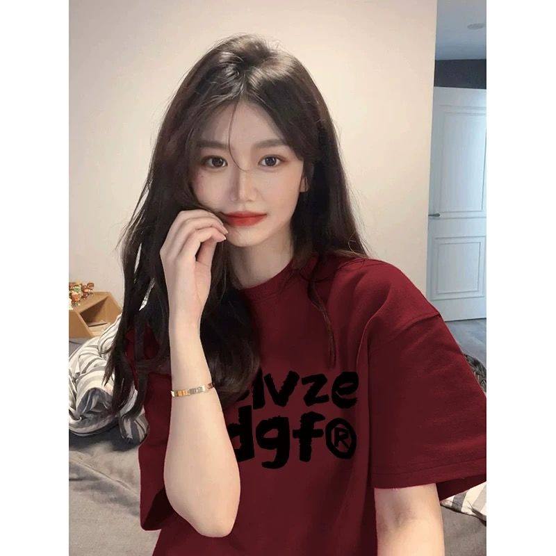 纯棉重磅圆领短袖t恤女2025夏季新款港味甜酒红色多巴胺字母上衣