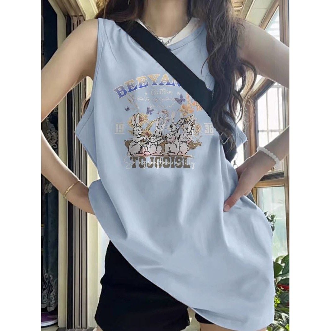 美式潮牌chic中长款背心t恤夏季外穿宽松纯棉无袖吊带上衣ins女款