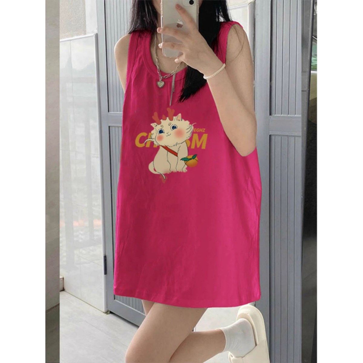 玫红色纯棉背心上衣ins女款夏季潮流中长款宽松无袖吊带t恤衫外穿,女装/女士精品,背心吊带,淘宝优惠券,粉丝福利购,淘宝优惠卷