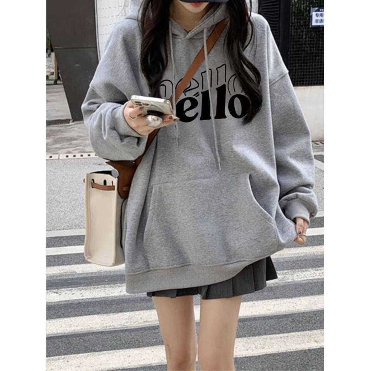 灰色连帽卫衣女春秋薄款2024新款中长款韩版学生宽松套头长袖外套