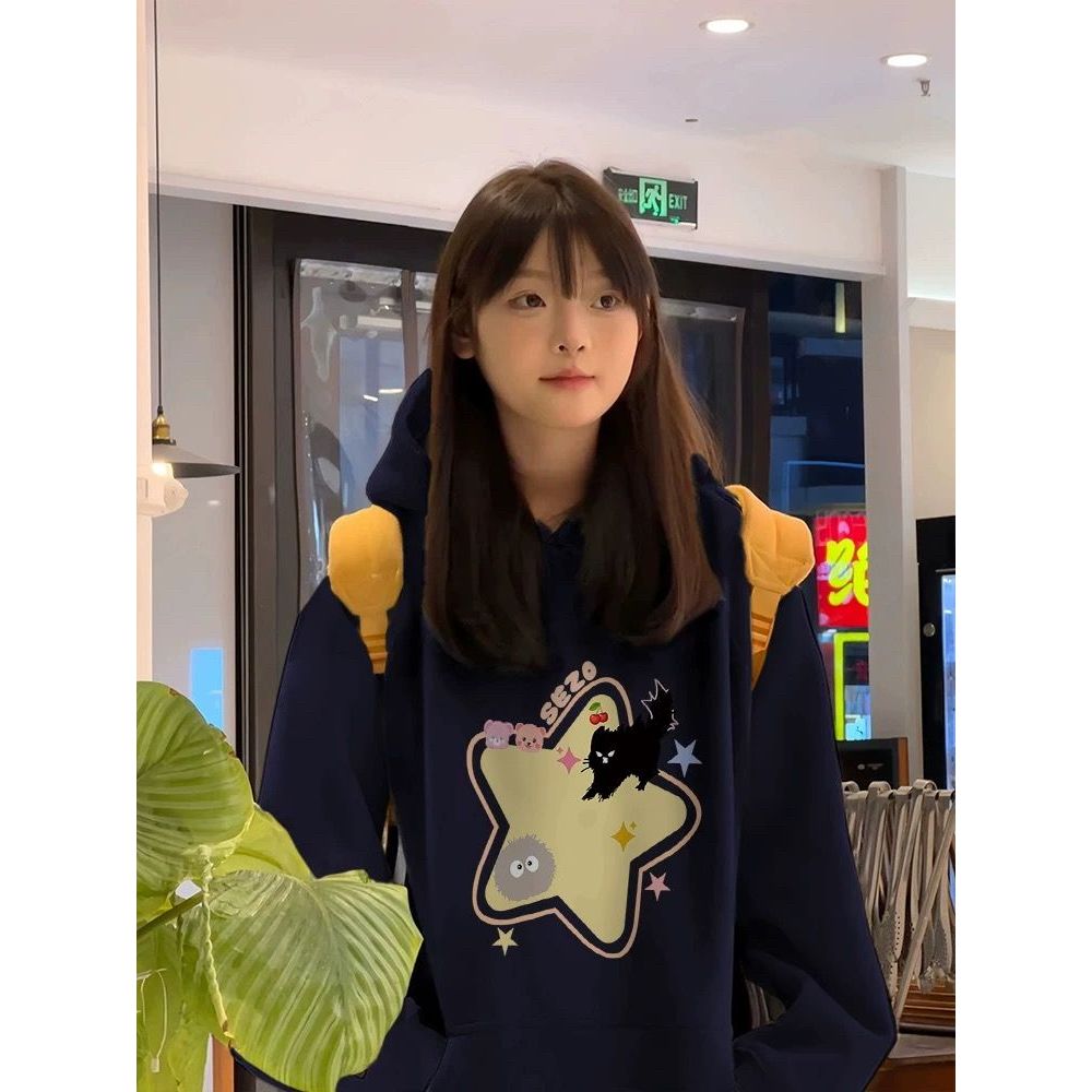 重磅藏青色卫衣女春秋新款设计感小众宽松慵懒风落肩长袖连帽上衣