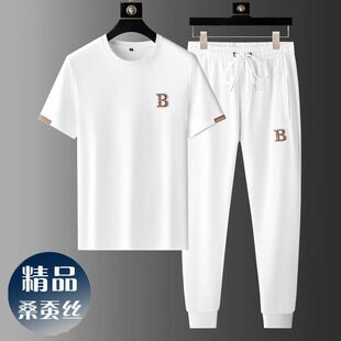 一套搭配男士 潮牌长裤 短袖 休闲男装 运动圆领上衣 套装 欧货2024夏季