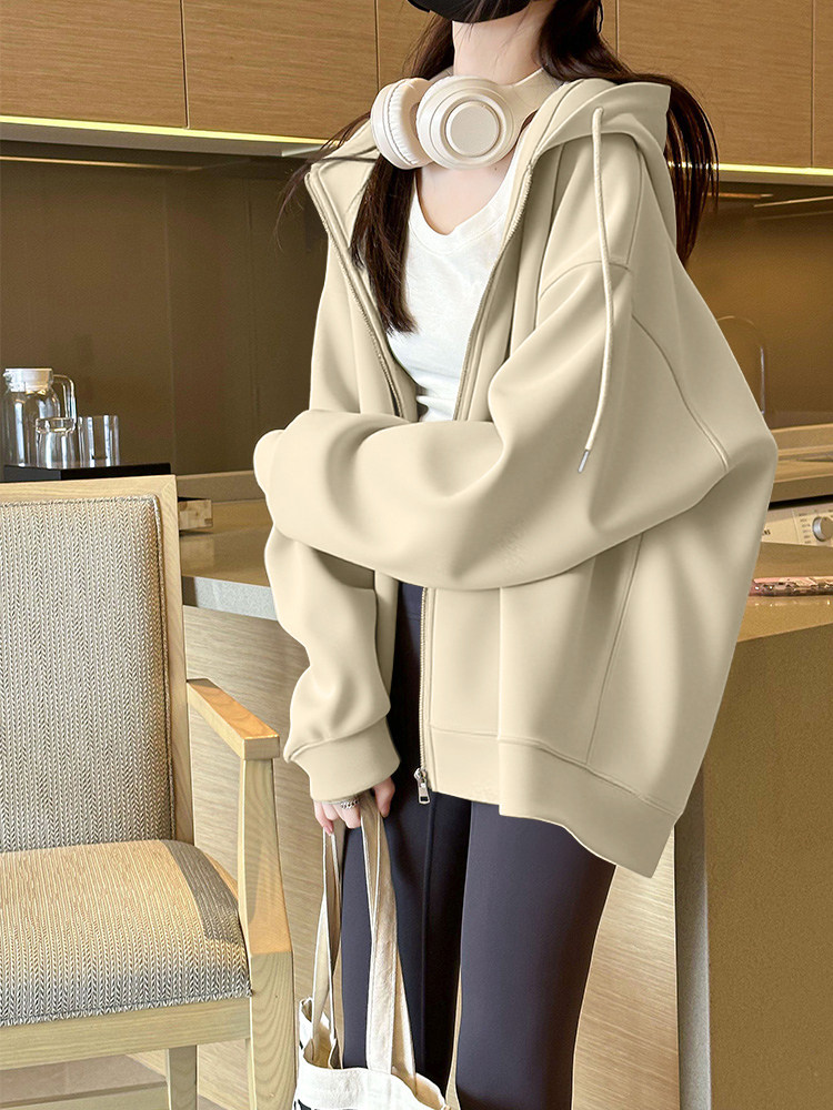 New hooded cardigan, gray sweatshirt for women, mid-long loose style, couple's jacket, lazy style, fleece-lined top, trendy for autumn and winter