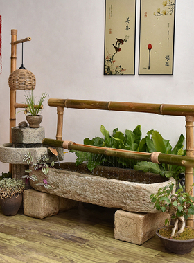 老石槽流水摆件造景组合户外循环水景观鱼缸庭院养鱼池室内水景